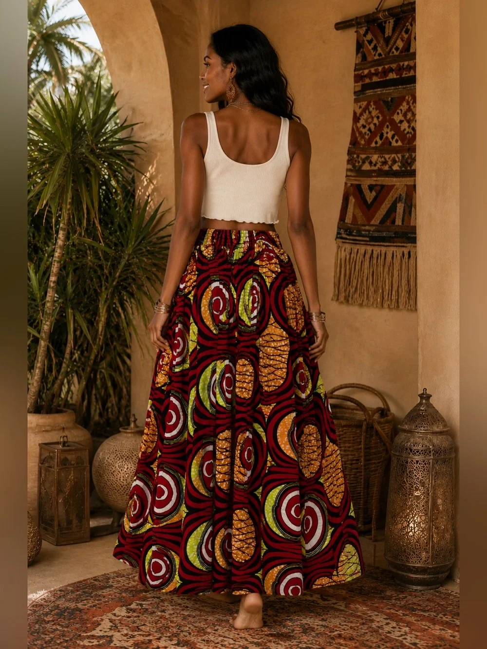 Boho African Print Maxi Skirt | Tie Waist | Side Pockets | Full Sweep
